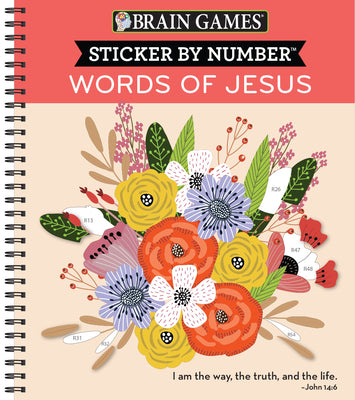Cover Image for Brain Games - Sticker by Number: Words of Jesus (28 Images to Sticker) -- Publications International Ltd, Spiral