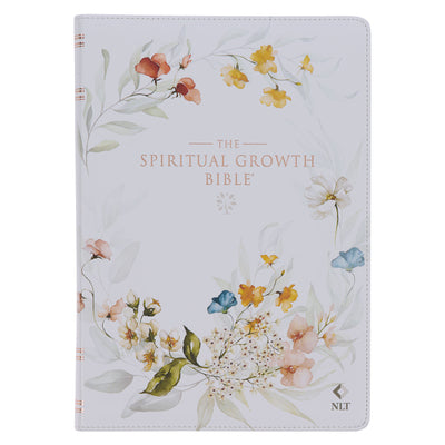 Cover Image for The Spiritual Growth Bible, Study Bible, NLT - New Living Translation Holy Bible, Faux Leather, White Printed Floral -- Christianart Gifts, Leather