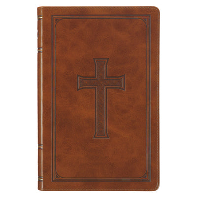Cover Image for KJV Holy Bible, Standard Size Faux Leather Red Letter Edition Thumb Index, Ribbon Marker, King James Version, Honey Brown Cross Emblem -- Christian Art Gifts, Leather