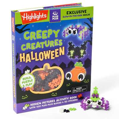 Cover Image for Creepy Creatures Halloween: Build, Puzzle & Play: Hidden Pictures Activity Book with 100 Plus-Plus Blocks and 50 Stickers, Glow-In-The-Dark Pieces and -- Highlights, Hardcover
