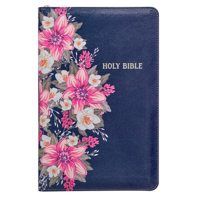 KJV Holy Bible Standard Size Faux Leather Red Letter Edition Thumb Index & Ribbon Marker, King James Version, Blue Floral, Zipper Closure -- Christian Art Gifts, Leather
