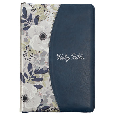 Cover Image for KJV Bible Thinline Large Print (Faux Leather, Blue Floral Printed W/Zipper) -- Christian Art Gifts, Leather