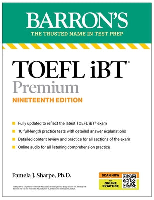 Cover Image for Toefl, IBT Premium, Nineteenth Edition: Prep Book with 10 Practice Tests + Comprehensive Review + Online Audio (2026) -- Pamela J. Sharpe, Paperback